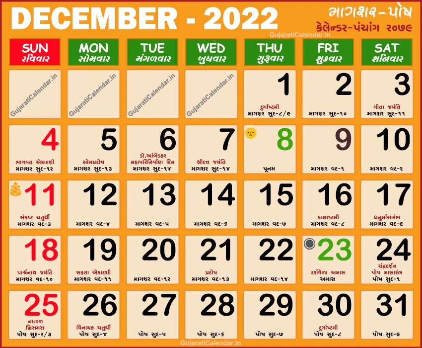 Gujarati Calendar 2022 December Christmas Natal New Year 2022 Vikram Samvat 2079 Today Tithi In Gujarati