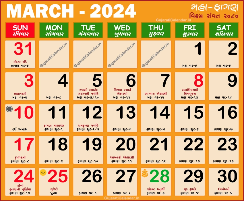 Gujarati Calendar March Maha Shivratri Holi Dhuleti Gudi Padwa 2024 Gujarati Month Fagan Chaitra Vikram Samvat 2080 Today Tithi In Gujarati