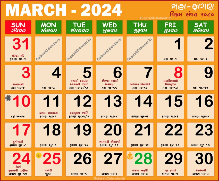 Calendar 2025 Gujarati March 